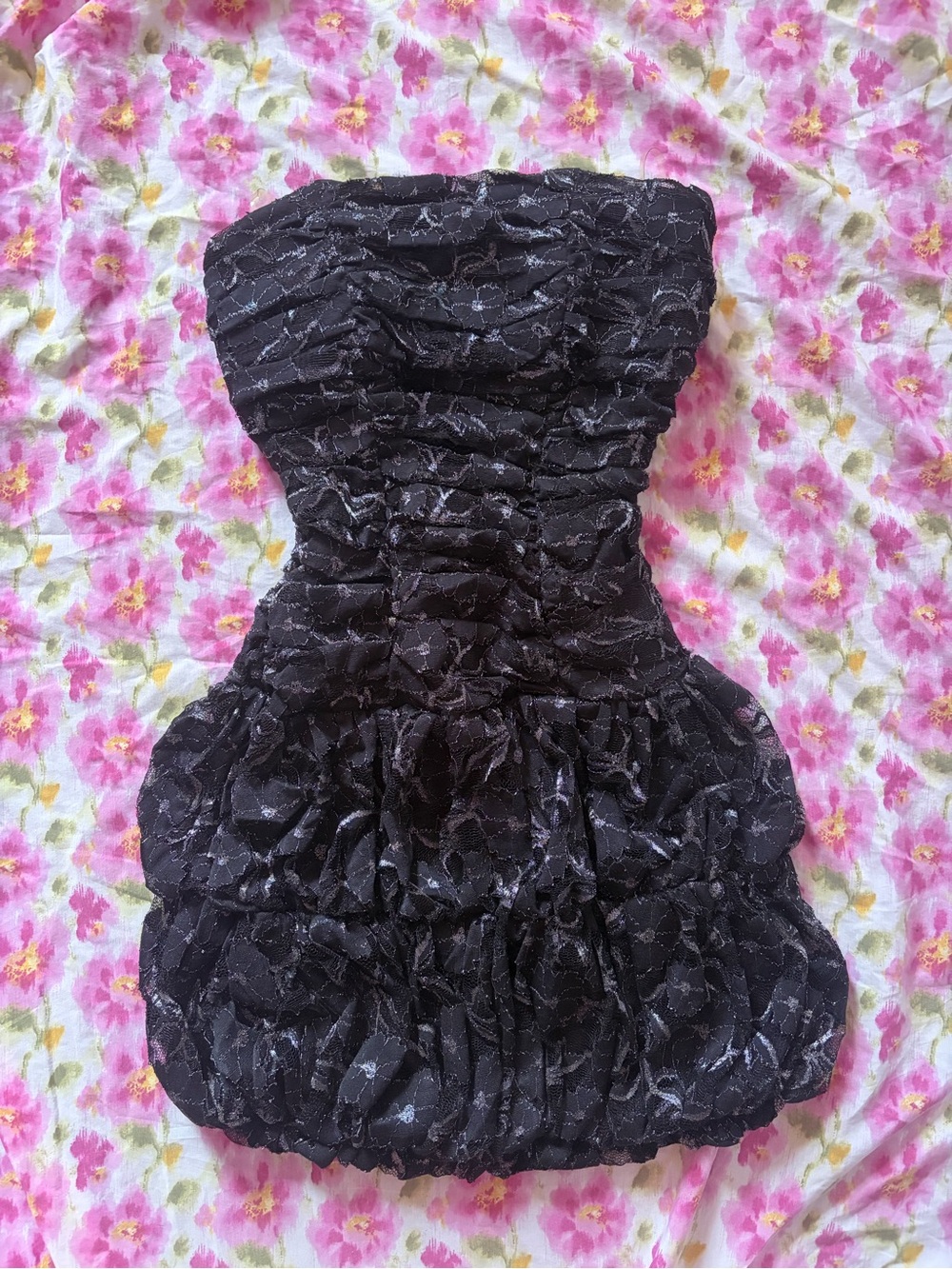 Black Strapless Ruched Bubble Dress